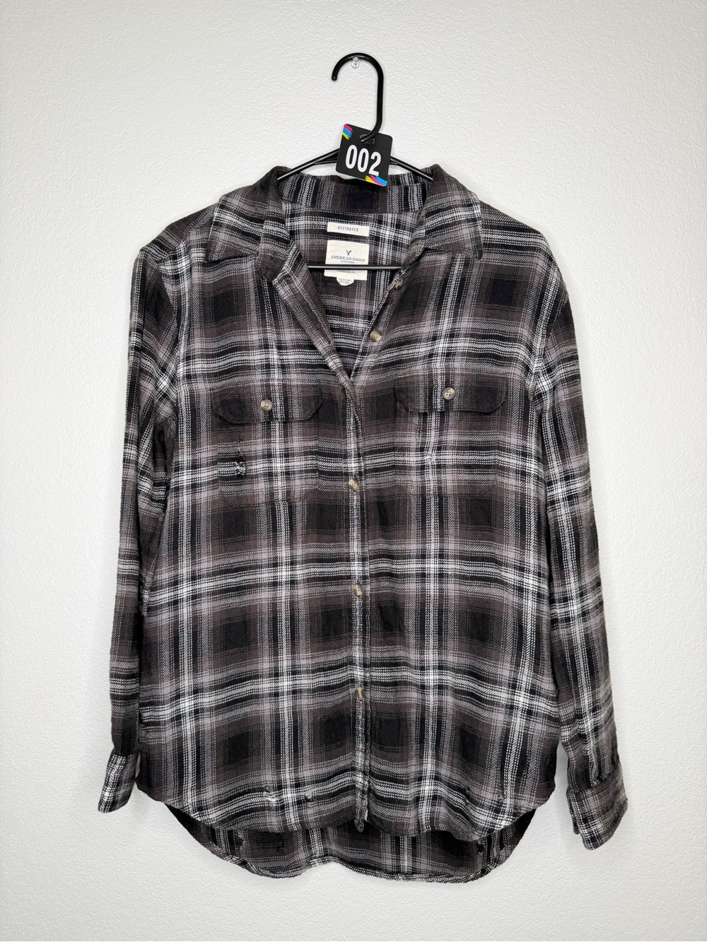 American Eagle Women’s XS Destroyed Oversized Plaid Flannel Shirt
